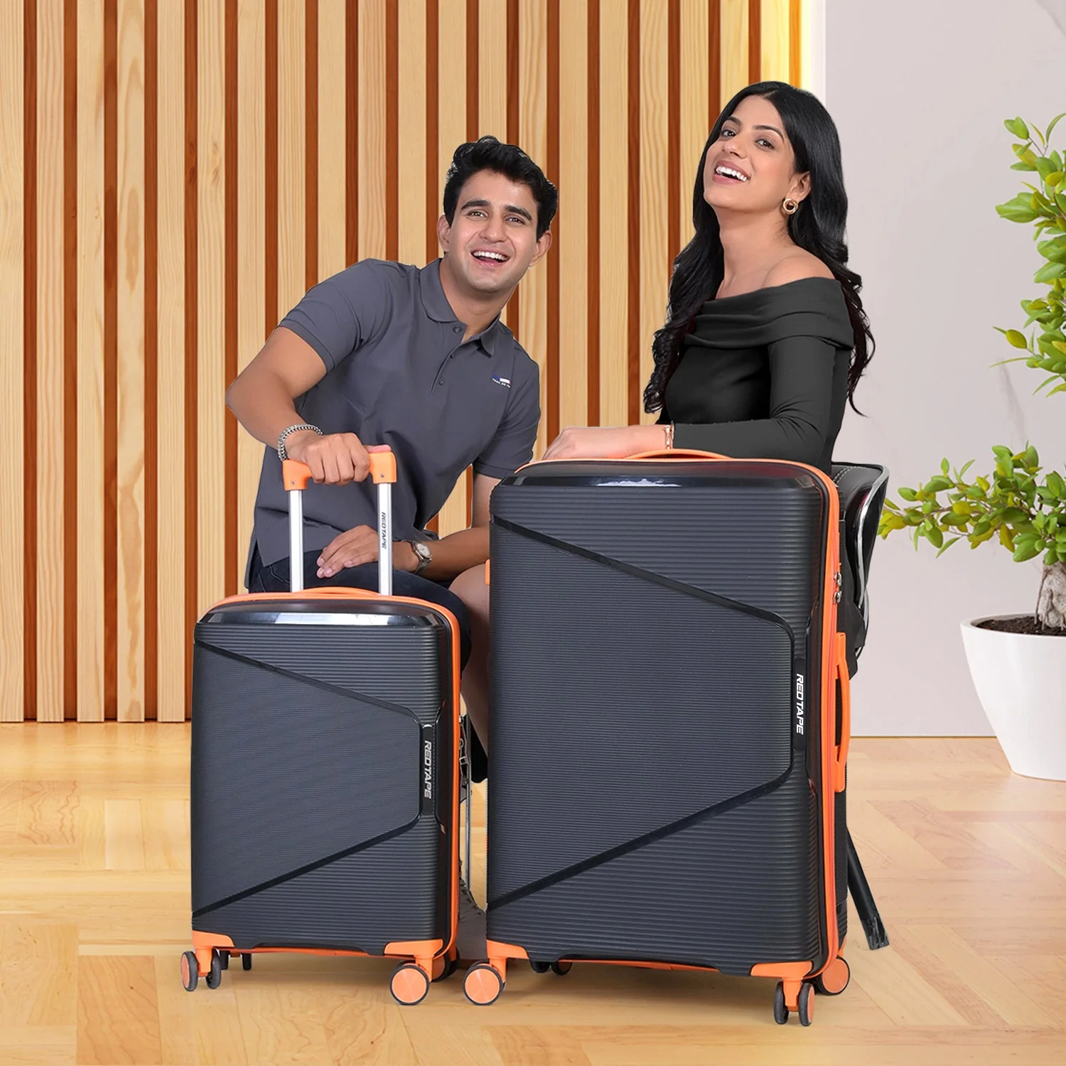 Black & Orange 8 Wheels Trolley Bag Set of 2 (Medium + Cabin)