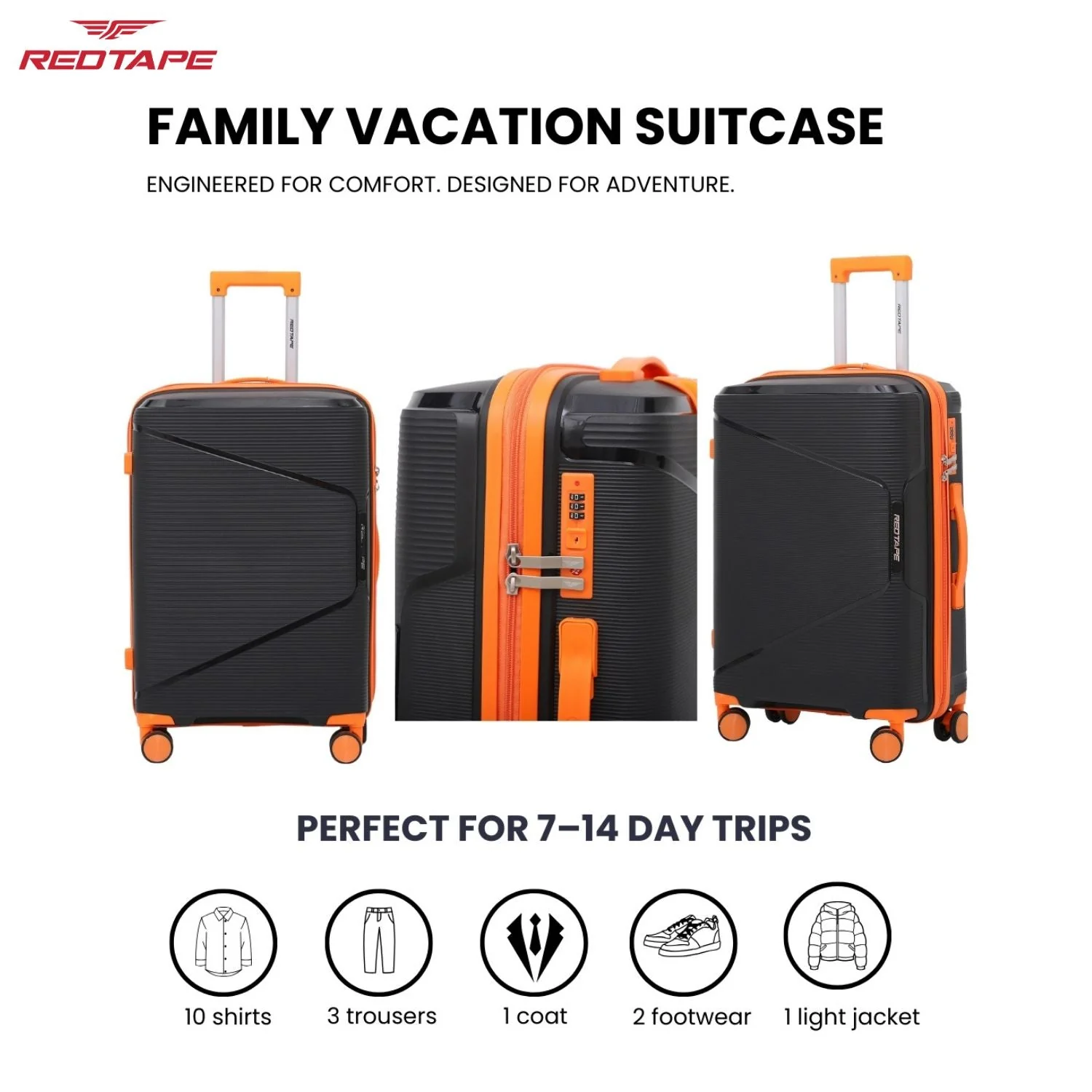 Black & Orange 8 Wheels Trolley Bag Set of 2 (Medium + Cabin) - Image 7