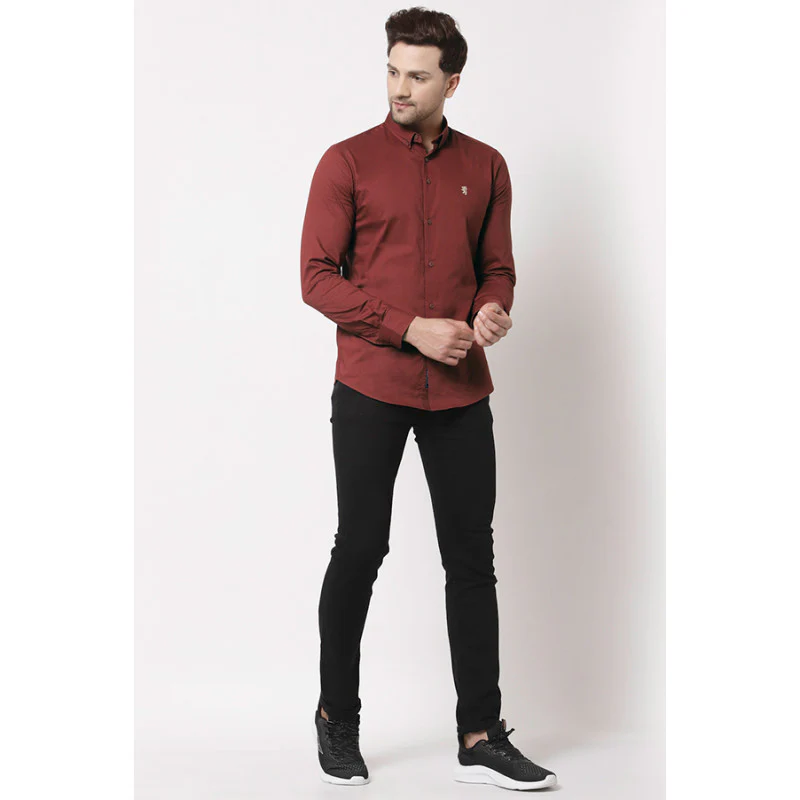 Men Rust Red Solid Shirt - Image 4