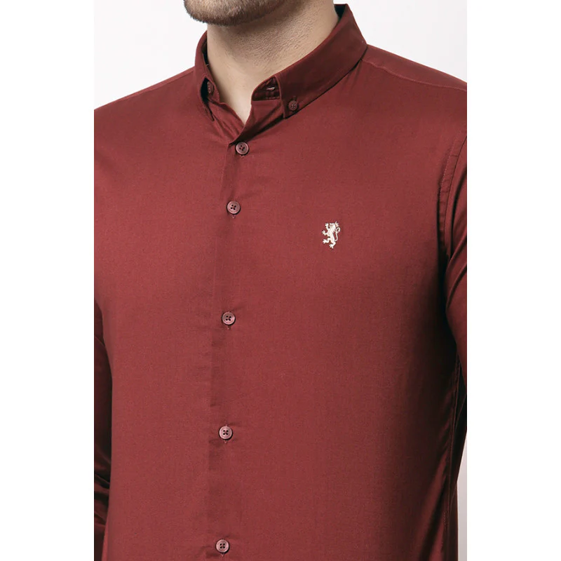 Men Rust Red Solid Shirt - Image 5